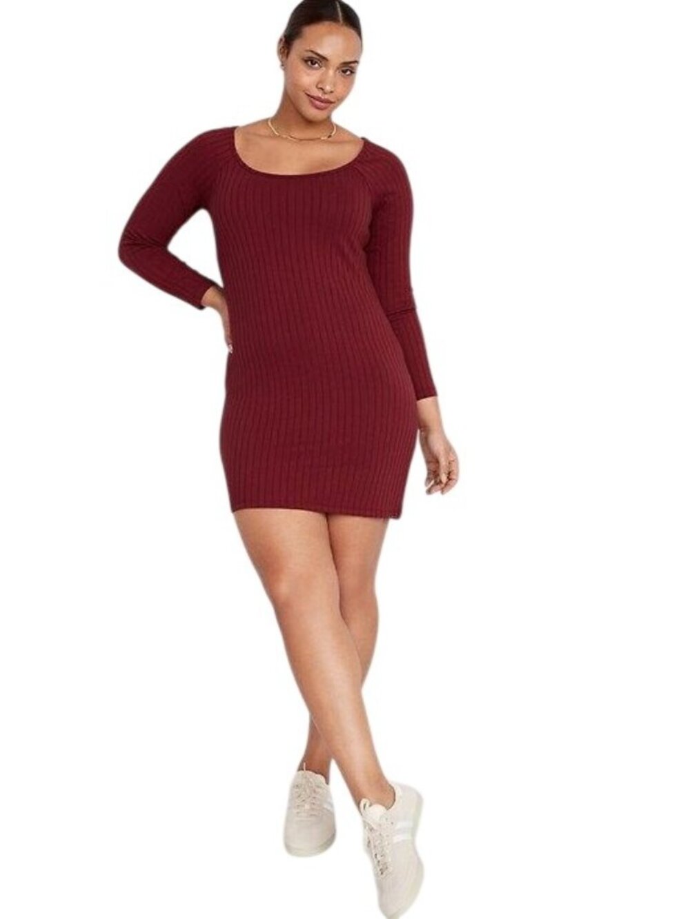 Old Navy Mini Dress XXL Tall Ribbed Knit Long Sleeve Scoop Neck Burgundy Stretch